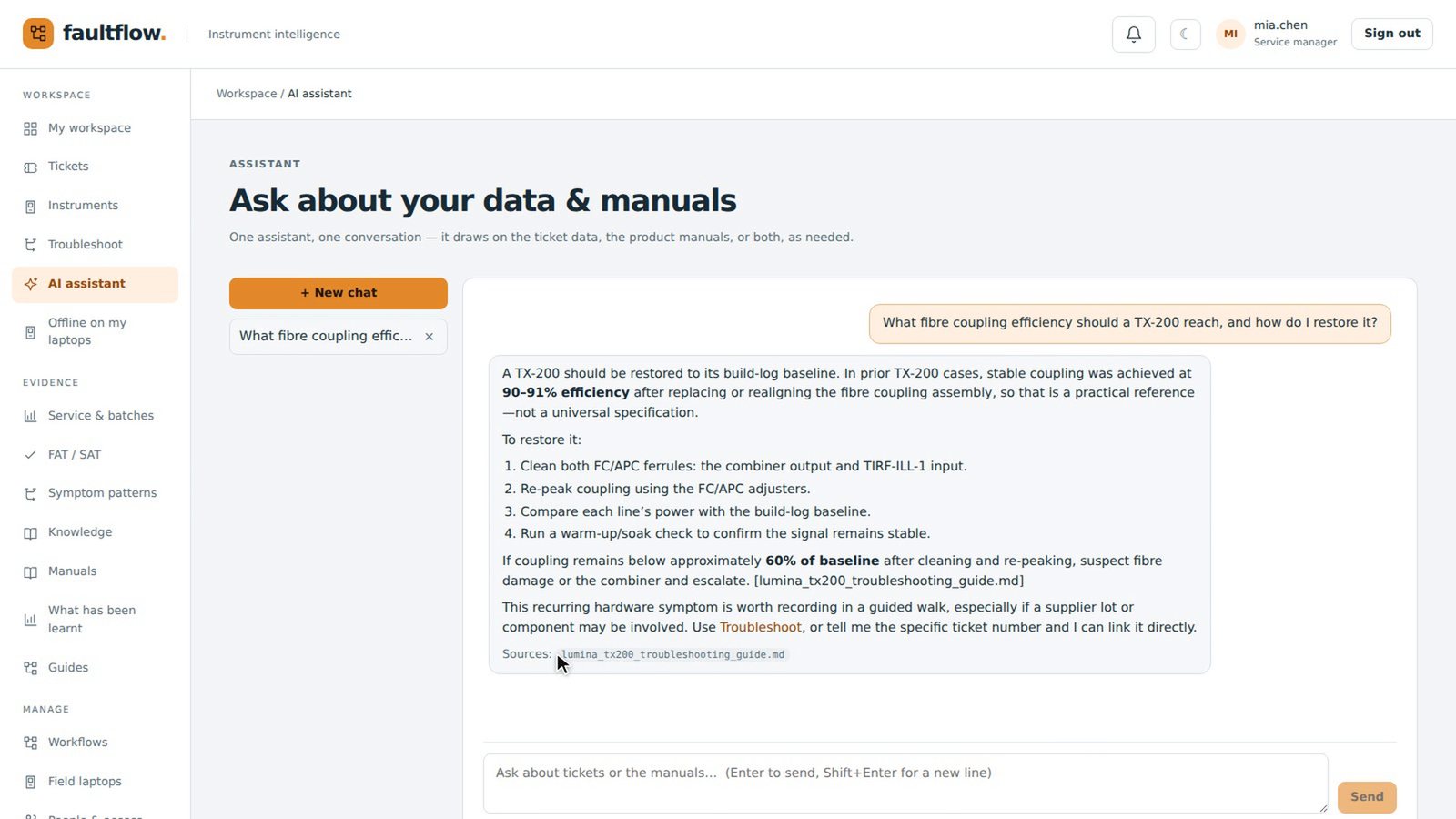 The AI assistant answering a question and naming its source manual