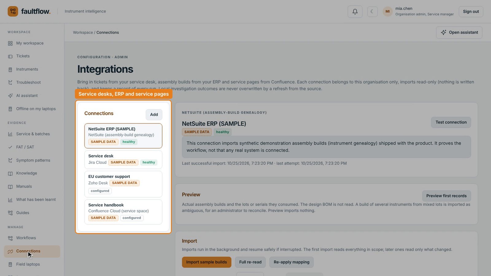 The Connections page listing a NetSuite ERP connection, a Jira service desk, a Zoho Desk connection and a Confluence service handbook