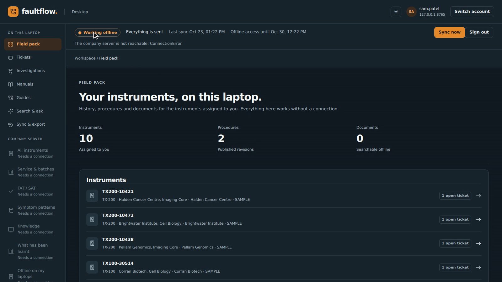The FaultFlow Windows app working offline, showing the engineer's instruments held on the laptop